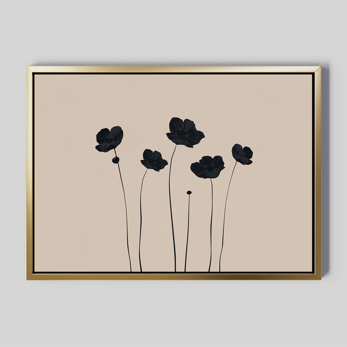 Botanic Abstract Canvas Art showcases a minimalist floral design with six black poppy-inspired flowers on a beige background, framed in sleek gold. This modern wall art brings sophistication to any space.
