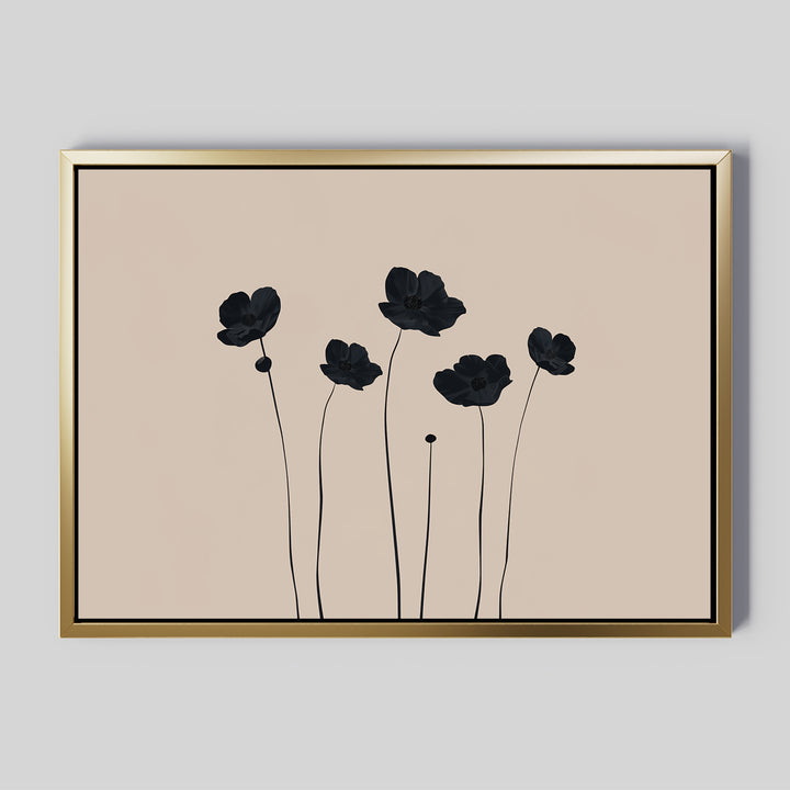 Botanic Abstract Canvas Art showcases a minimalist floral design with six black poppy-inspired flowers on a beige background, framed in sleek gold. This modern wall art brings sophistication to any space.