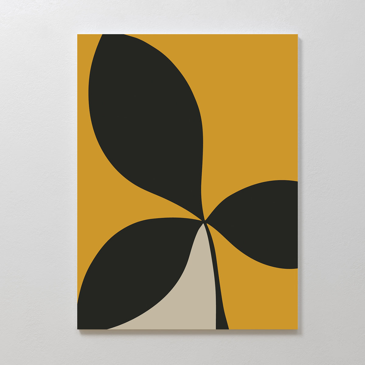 Botanic Contrast Abstract Canvas Art features three large black petal shapes and one beige petal on a mustard yellow background, creating bold, modern geometric wall art—perfect minimalist decor for your living room.