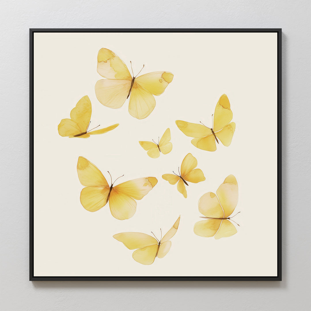 Butterfly Radiance Canvas Art features eight delicate yellow butterflies with translucent wings, gracefully arranged on a light neutral background—ideal for bringing Nordic Park serenity to your space.