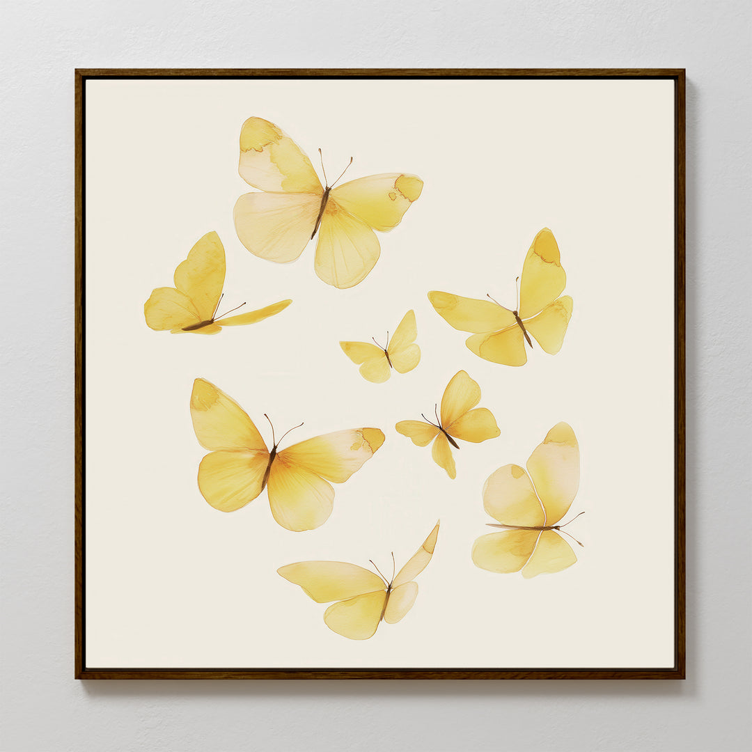 Butterfly Radiance Canvas Art features seven delicate yellow butterflies with translucent wings, beautifully arranged on a cream background for a light, airy look.