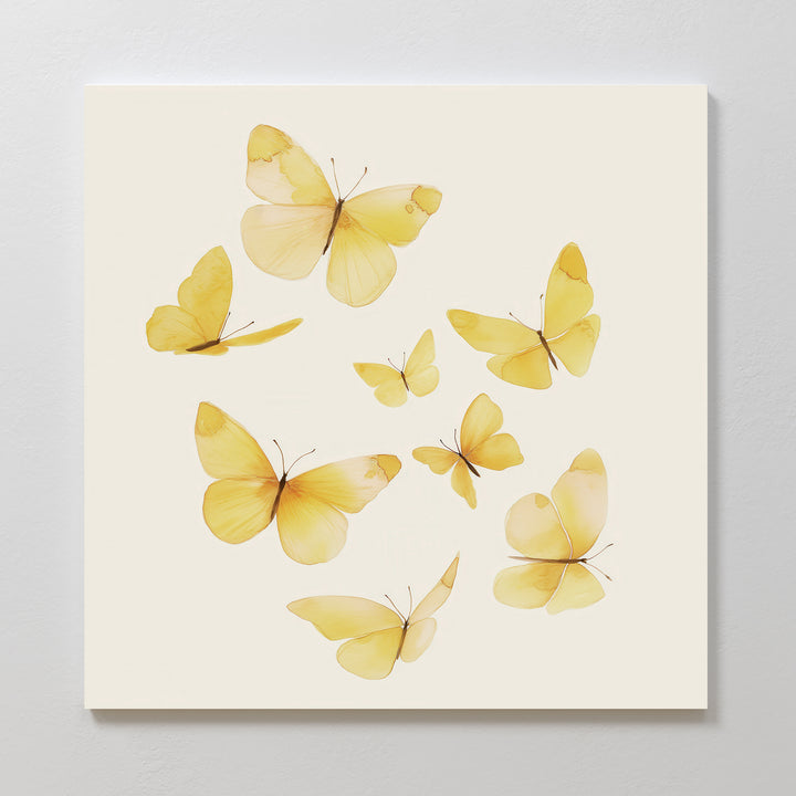 Butterfly Radiance Canvas Art features eight delicate yellow butterflies with translucent wings, artfully scattered across a light, off-white background in a Nordic Park-inspired design.