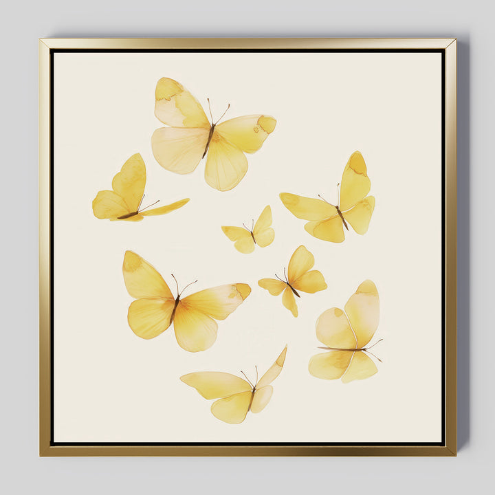 The Butterfly Radiance Canvas Art features seven delicate yellow butterflies in various poses on a cream background, creating lightness and movement within an elegant gold frame.