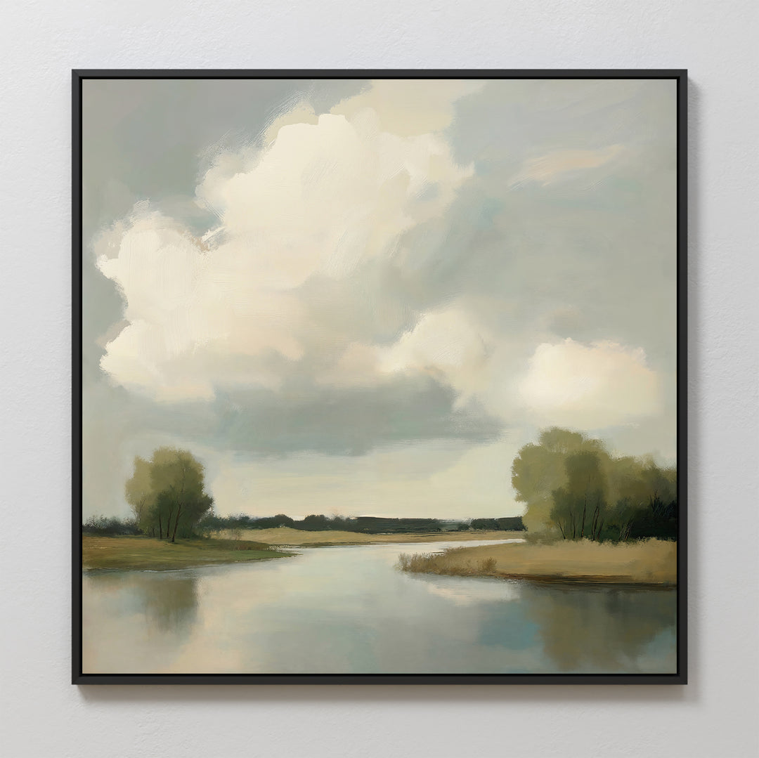 Calm Passage Canvas Art features a tranquil river and grassy banks beneath soft, white clouds—ideal minimalist wall art to add serenity and natural muted tones to your bedroom decor.