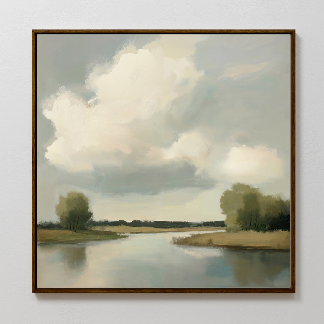 Calm Passage Canvas Art features a framed canvas of a tranquil river or lake with tree-lined banks and fluffy clouds in a pale blue sky, rendered in soft, muted tones—ideal for adding serenity to your bedroom decor.