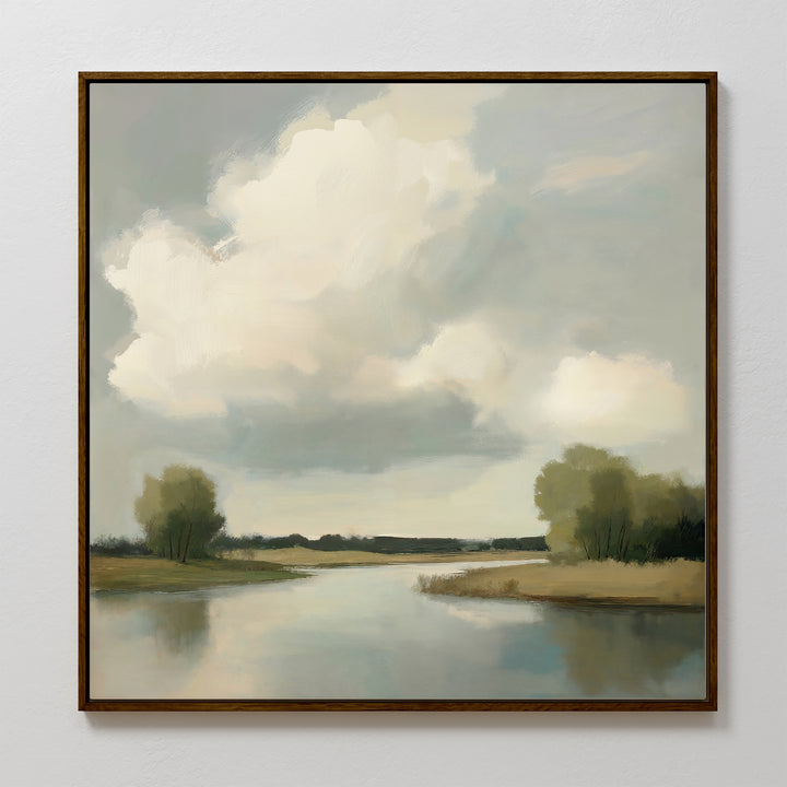 Calm Passage Canvas Art features a framed canvas of a tranquil river or lake with tree-lined banks and fluffy clouds in a pale blue sky, rendered in soft, muted tones—ideal for adding serenity to your bedroom decor.