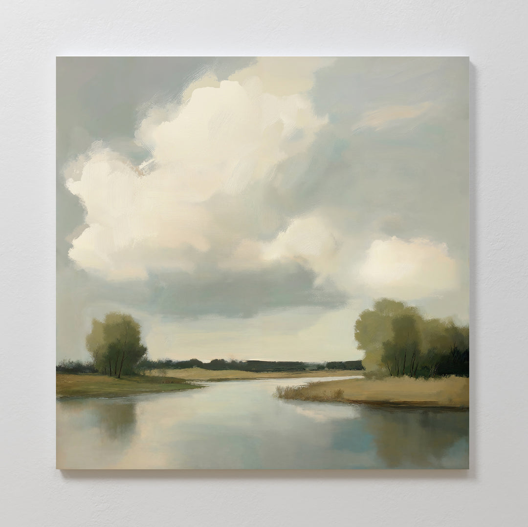 Calm Passage Canvas Art features a tranquil river mirroring the sky, with grassy banks and green trees under gentle clouds—ideal minimalist wall art to add peace and serenity to your bedroom decor.