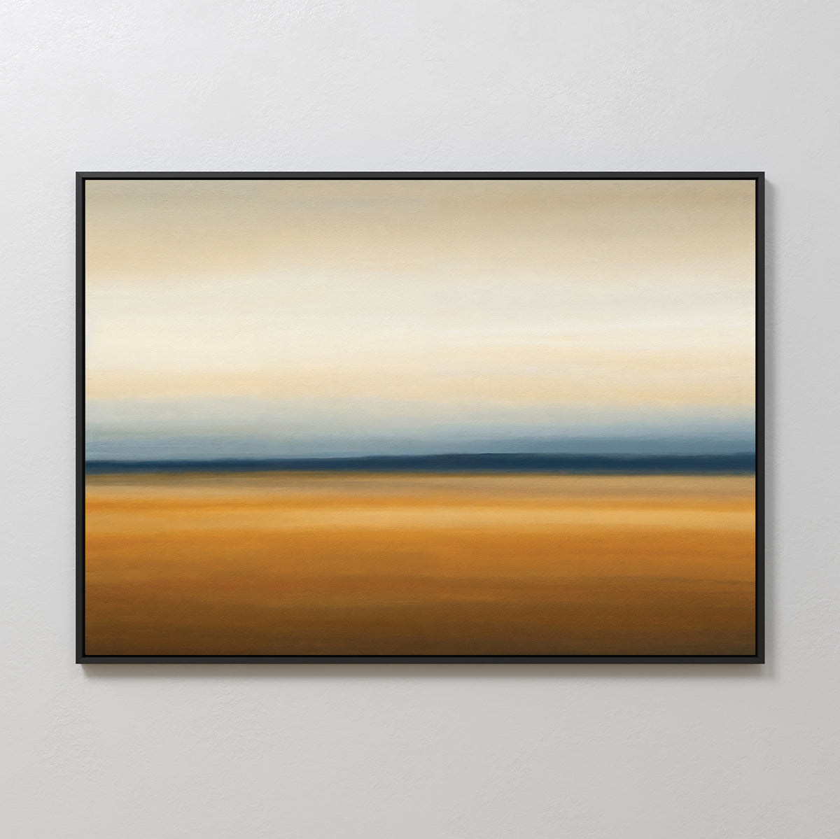 The Caramel Plains Canvas Art – Horizontal features warm brown, orange, blue, and beige bands with a soft, sunset-like look—ideal minimalist wall art to elevate your modern bedroom decor.