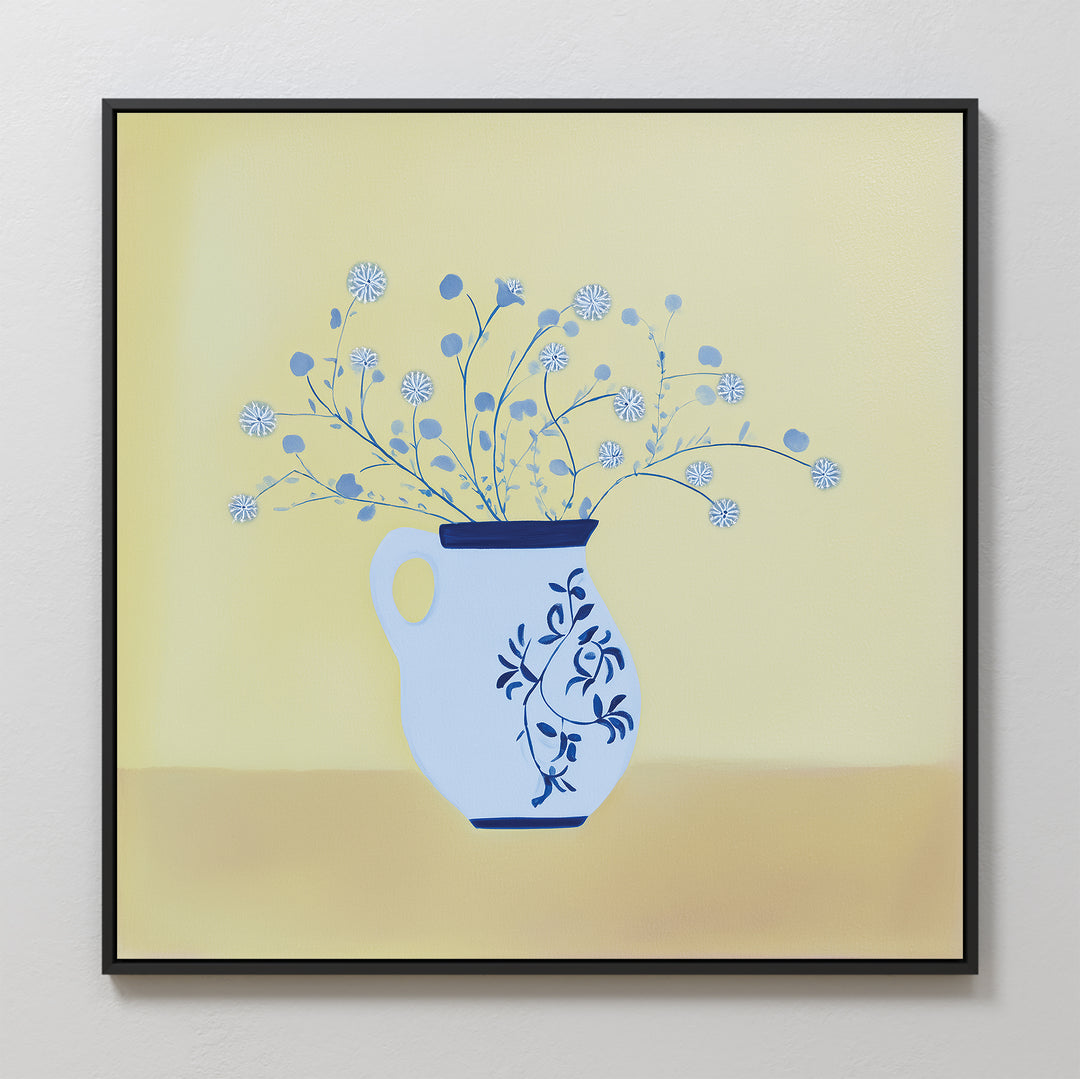 The Cerulean Petals Canvas Art showcases delicate blue flowers in a white and blue vase on a soft yellow background, adding an elegant minimalist touch to any space.