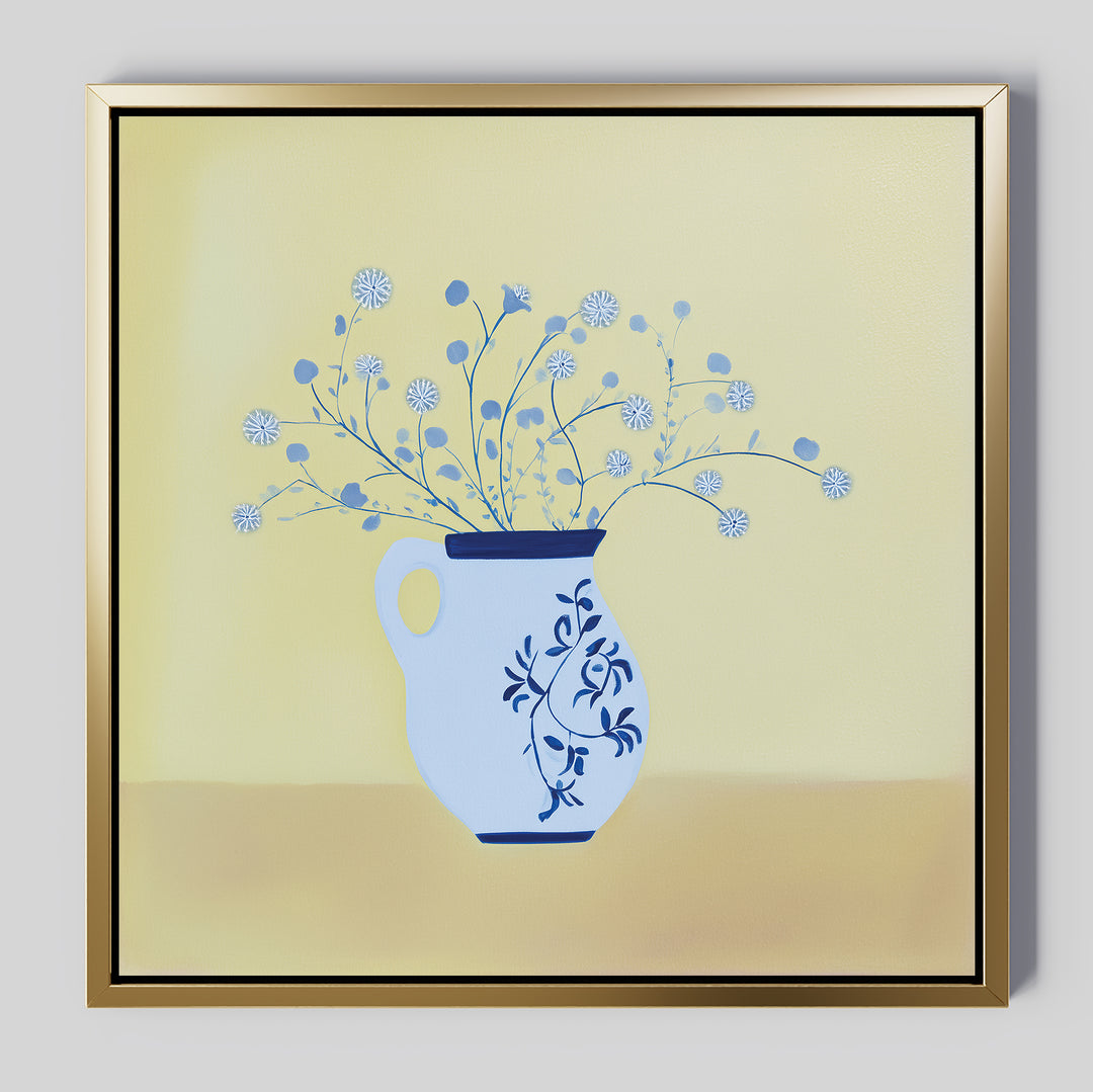 Cerulean Petals Canvas Art features a white vase with blue floral designs holding delicate cerulean petals on a soft yellow background—ideal minimalist wall decor or elegant blue floral wall art for any space.