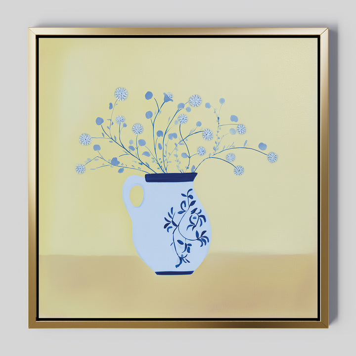 Cerulean Petals Canvas Art features a white vase with blue floral designs holding delicate cerulean petals on a soft yellow background—ideal minimalist wall decor or elegant blue floral wall art for any space.