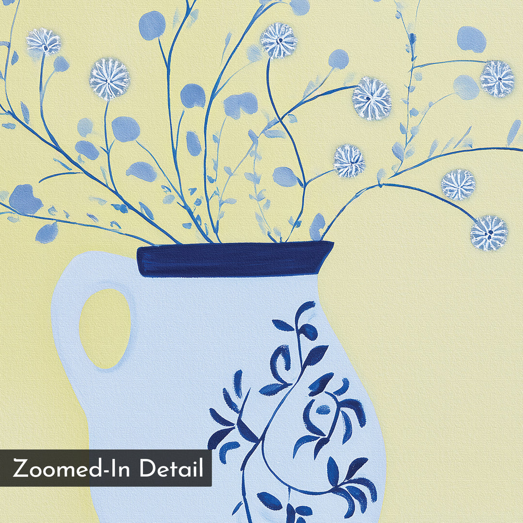Zoomed-In Detail: Cerulean Petals Canvas Art features delicate cerulean petals and branches in a pastel yellow and blue palette, displayed in a decorative vase with dark blue floral patterns—ideal for minimalist wall decor.