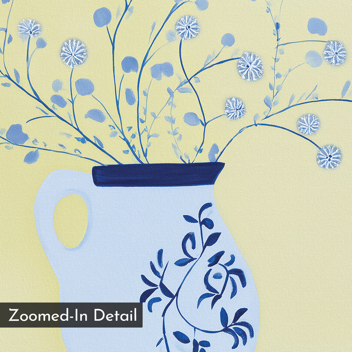 Zoomed-In Detail: Cerulean Petals Canvas Art features delicate cerulean petals and branches in a pastel yellow and blue palette, displayed in a decorative vase with dark blue floral patterns—ideal for minimalist wall decor.