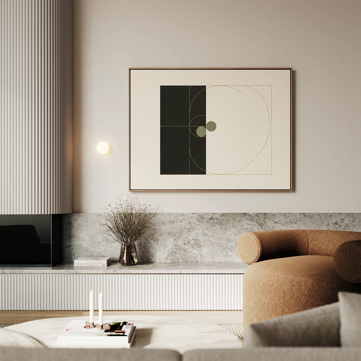 A modern living room with a beige armchair, marble surfaces, a small vase with dried branches, and candles on a low table features Circular Tension Canvas Art above, adding minimalist decor in soft, neutral tones.