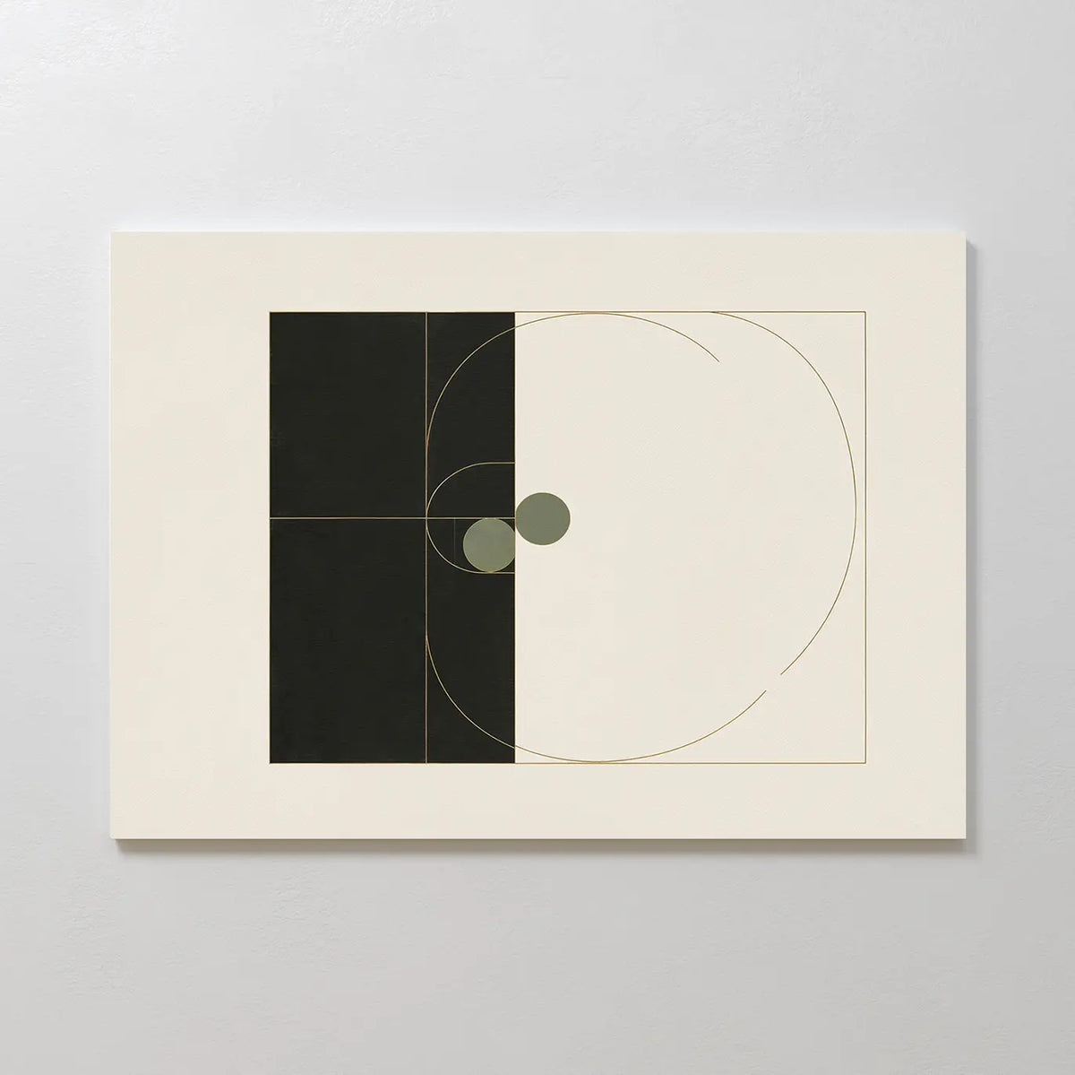 Circular Tension Canvas Art features a balanced design of black and white rectangles, geometric circles and squares, and fine gold lines on a cream background—perfect minimalist wall art for modern living room decor.