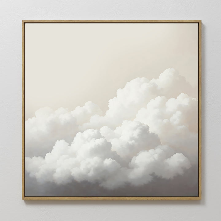 Cloud Reverie Canvas Art features fluffy white clouds on a pale sky, framed with thin wood for a minimalist look. This calming wall art is perfect as serene bedroom decor or for adding peace to any simple white wall.