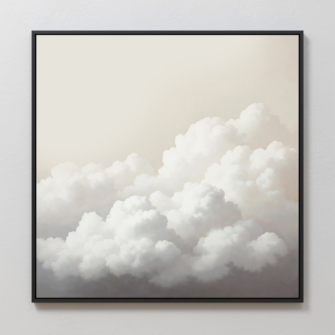 Cloud Reverie Canvas Art, featuring fluffy white clouds against a soft sky, hangs on a light wall. Its realistic textures create a calm, serene atmosphere, making it ideal as calming bedroom decor.