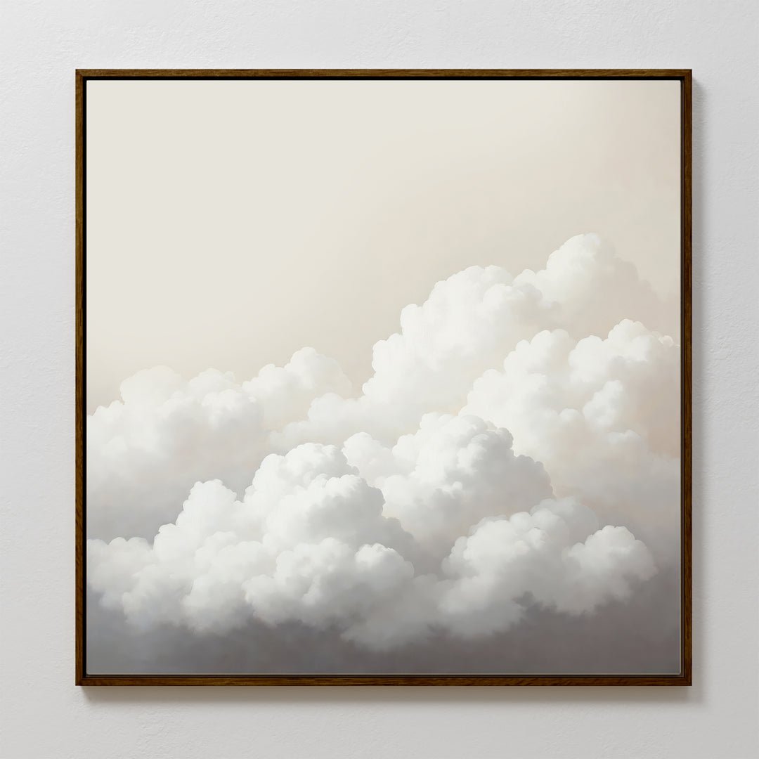 Cloud Reverie Canvas Art features fluffy white clouds on a soft, pale sky in gentle white and gray tones, bringing a calm, dreamy vibe. Its minimalist design makes it perfect wall art for any room.