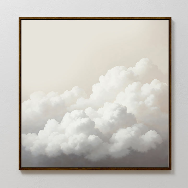 Cloud Reverie Canvas Art features fluffy white clouds on a soft, pale sky in gentle white and gray tones, bringing a calm, dreamy vibe. Its minimalist design makes it perfect wall art for any room.