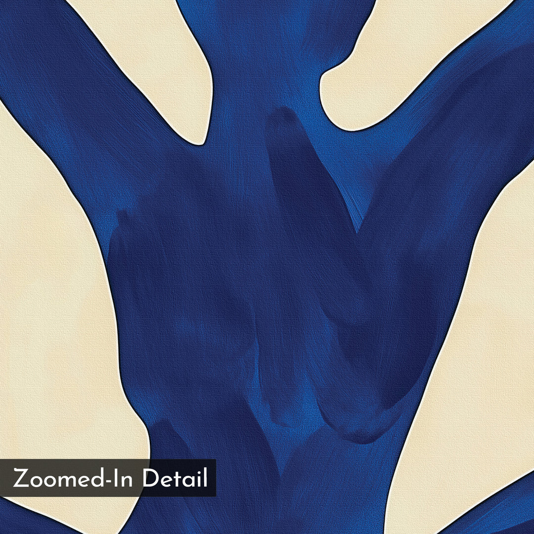 Cobalt Figure Canvas Art features deep blue brushstrokes forming a human-like silhouette on a beige background, creating striking modern wall decor. "Zoomed-In Detail" text appears in the lower left corner.