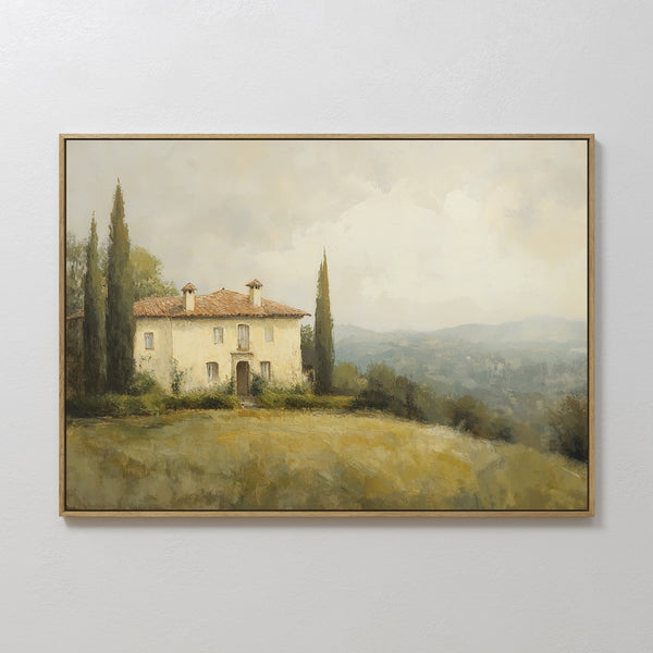 Country Villa Canvas Art features a rustic house with a red tile roof and cypress trees on a grassy hill, overlooking misty countryside under cloudy skies—perfect wall art to enhance your living room decor.