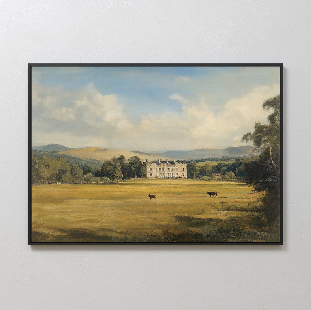 Countryside Dream Canvas Art features a large country house amid trees and fields, with two cows grazing in front and hills beneath a partly cloudy sky—a charming touch for your rustic decor.