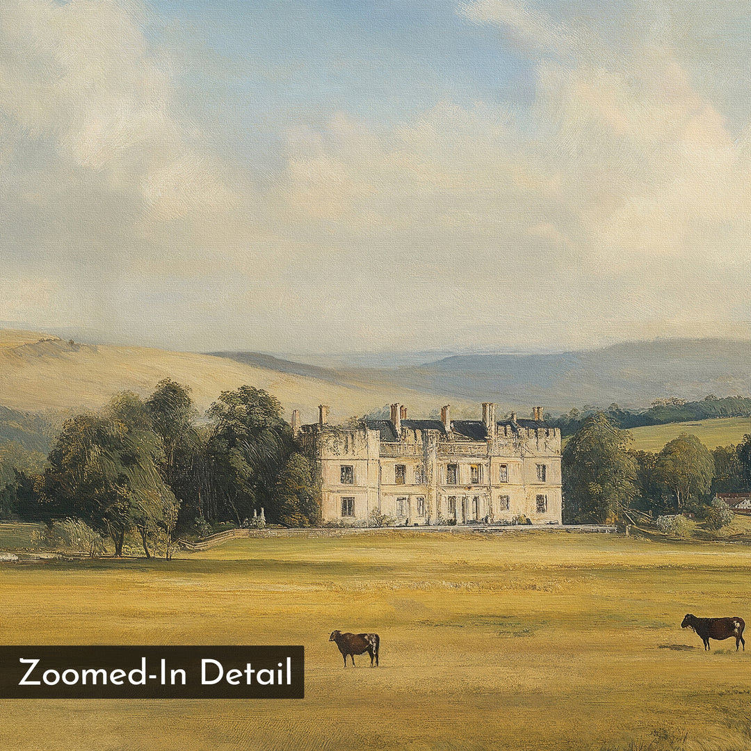 Countryside Dream Canvas Art features a historic stone mansion in a grassy field with cows, surrounded by trees and rolling hills under a partly cloudy sky—ideal vintage wall decor. Text label: “Zoomed-In Detail.”.