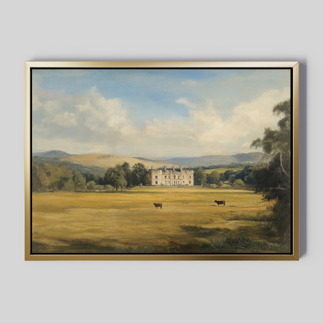 Countryside Dream Canvas Art: A framed print featuring a grand country mansion, two grazing cows, and rolling hills—perfect countryside decor for any room.