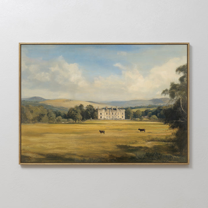 Countryside Dream Canvas Art: a framed canvas print featuring a grand manor house in a grassy field with cows, trees, and rolling hills beneath a partly cloudy sky—ideal for countryside-inspired decor.