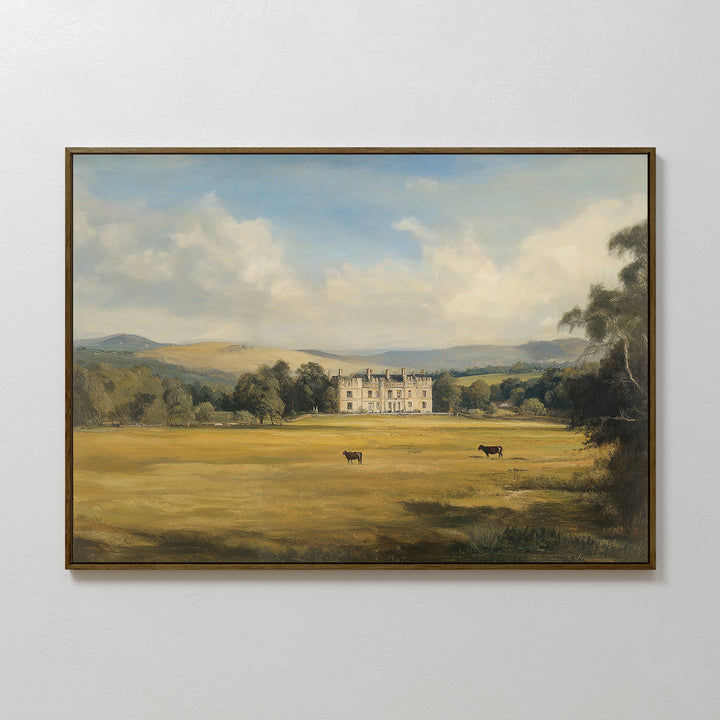 Countryside Dream Canvas Art: A framed canvas print of a country house amid trees and hills under a blue sky, with cows grazing in open fields—a perfect countryside decor piece.