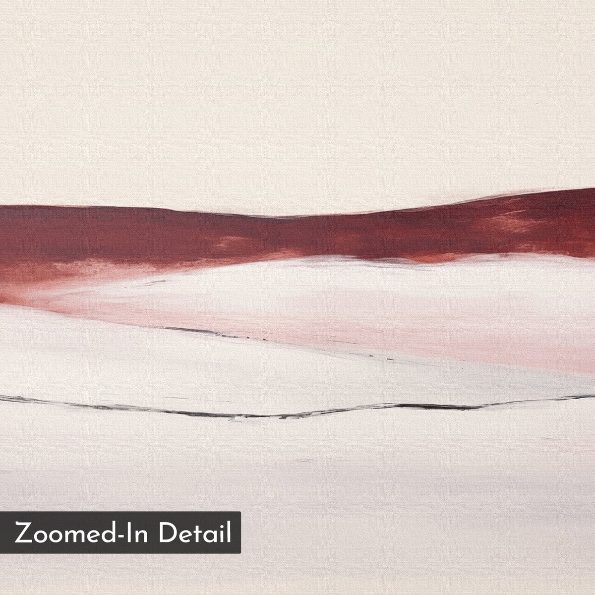Crimson Horizon Abstract Canvas Art features soft, flowing layers of white, pink, and deep red with a thin black horizontal line. Minimalist wall decor ideal for the living room. “Zoomed-In Detail” appears in the bottom left corner.