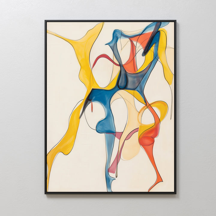 The Dance Of Unity Abstract Canvas Art showcases flowing, interconnected shapes in yellow, blue, red, and beige on a white background with a black frame, bringing a modern and organic touch to your living room decor.
