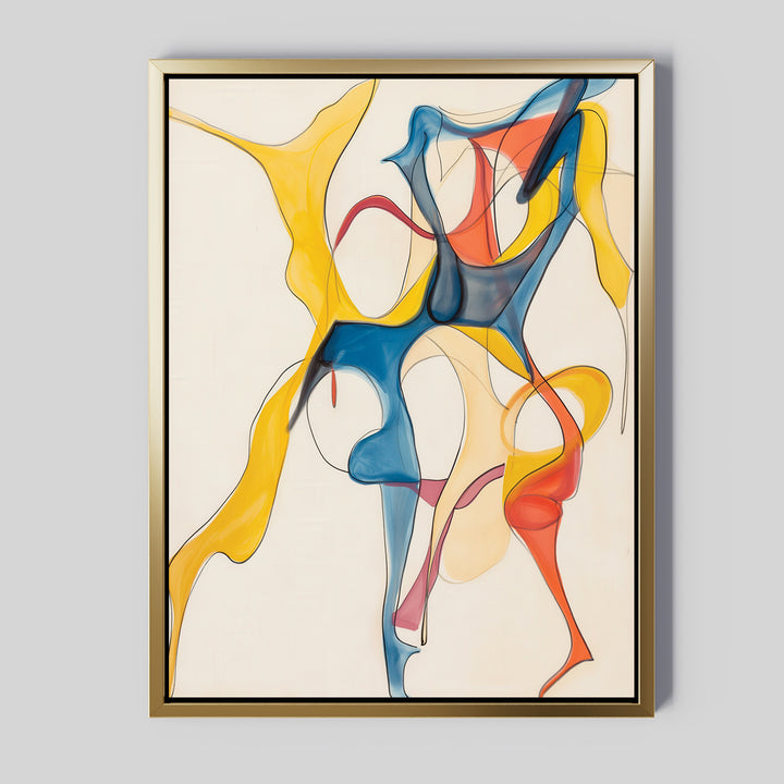 The Dance Of Unity Abstract Canvas Art features flowing, intertwined shapes in yellow, blue, red, and orange on a white background with a thin gold frame—ideal as modern wall decor for your living room.