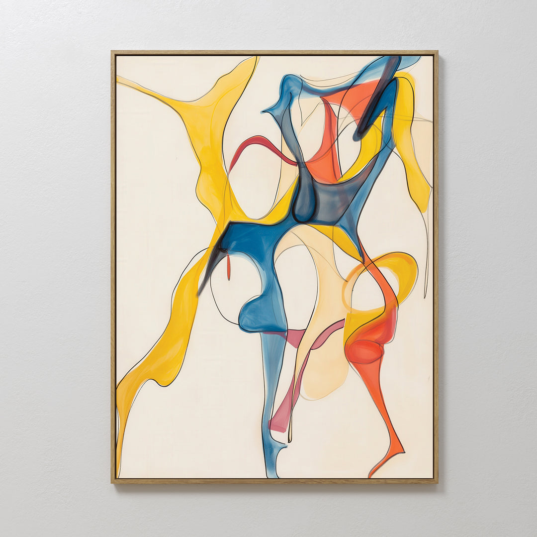 Dance Of Unity Abstract Canvas Art features flowing, intertwined shapes in yellow, blue, red, and orange on a white background. Overlapping forms in a thin gold frame make it a perfect modern canvas print for living room decor.