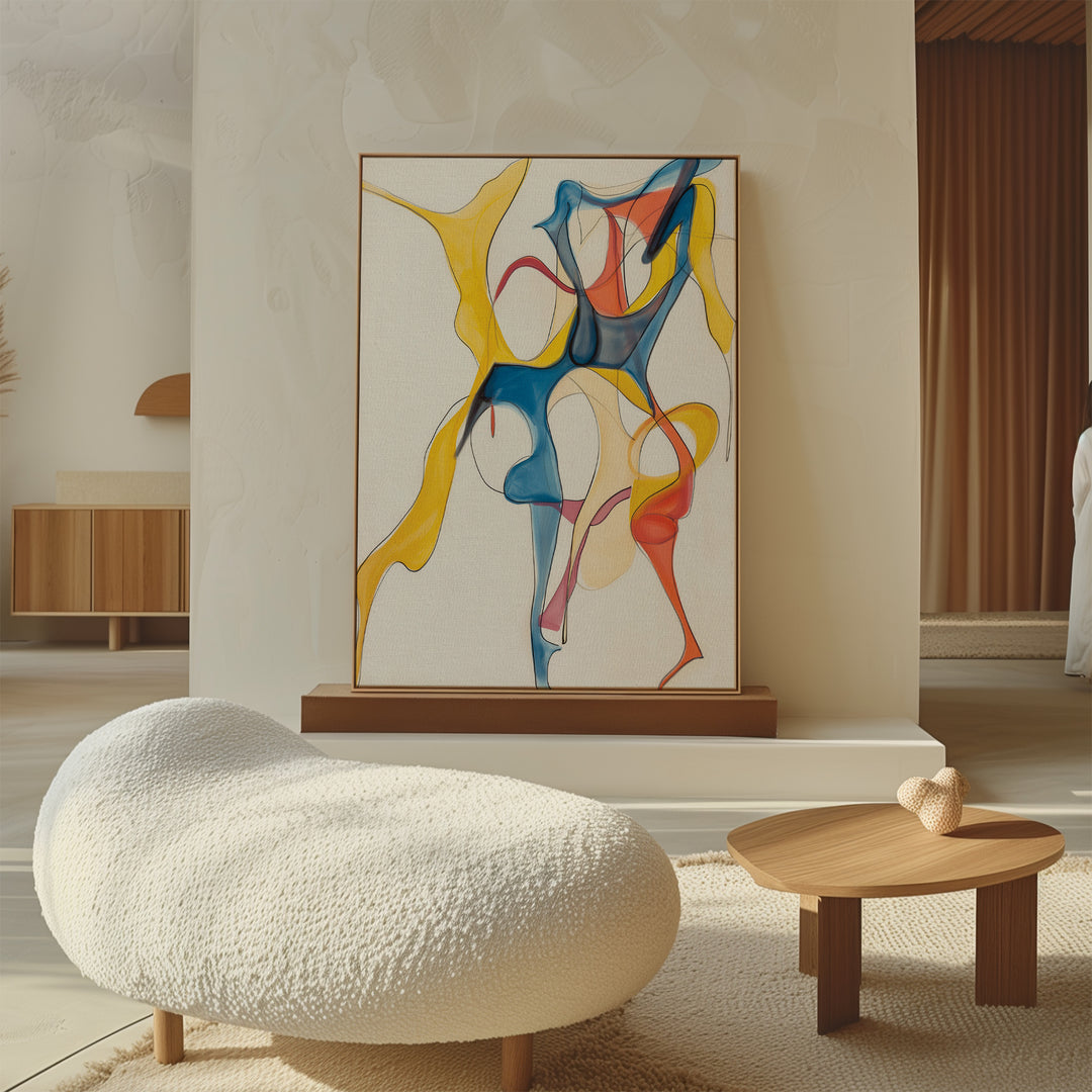 Dance Of Unity Abstract Canvas Art features colorful, swirling lines in yellow, blue, red, and orange on a white canvas—an elegant modern decor piece that adds vibrant style to any living room with neutral furnishings.