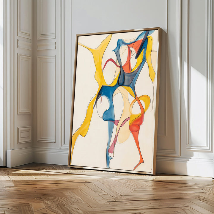 The Dance Of Unity Abstract Canvas Art, with vibrant yellow, blue, and red flowing shapes, leans against a white-paneled wall in a sunlit room with wooden flooring—ideal for modern living room decor.