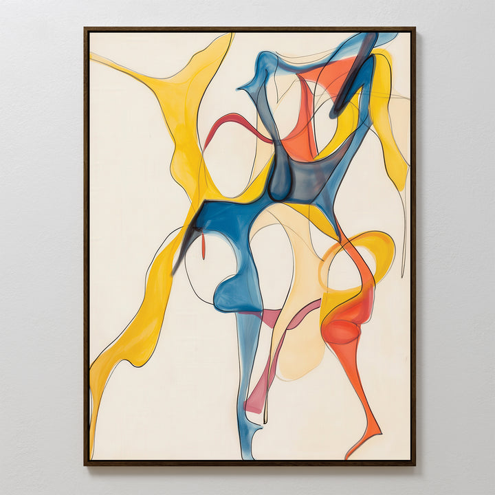 The Dance Of Unity Abstract Canvas Art showcases flowing, interwoven shapes in yellow, blue, red, and beige on a white background with a thin dark border—perfect as a modern canvas print for vibrant living room decor.