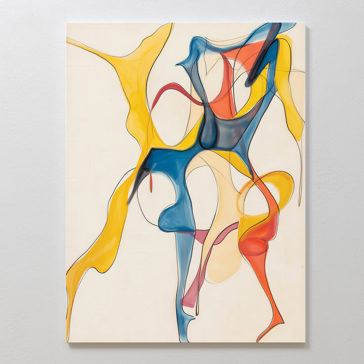 Dance Of Unity Abstract Canvas Art showcases flowing, organic shapes in yellow, blue, red, and orange on a light background. This modern canvas adds dynamic style with soft edges and curves—ideal for living room decor.