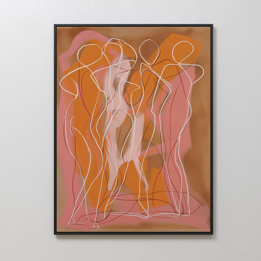 The Dancing Silhouettes Abstract Canvas Art features overlapping white line drawings of human figures on a brown background with bold pink and orange accents, making it a striking minimalist addition to modern living room decor.