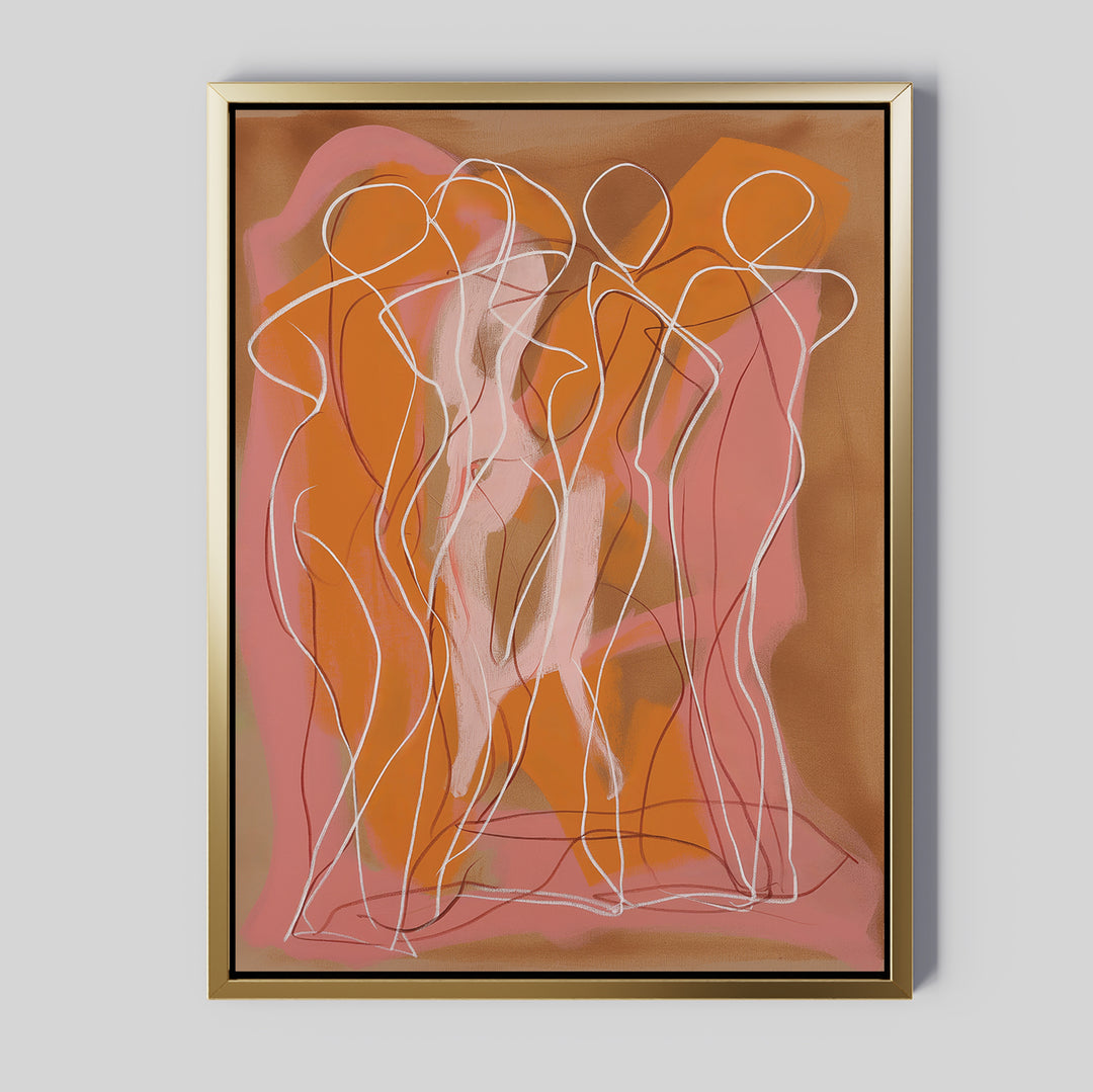 The Dancing Silhouettes Abstract Canvas Art showcases minimalist line drawings of four white human figures with pink and orange accents on a brown canvas—ideal modern wall art for living room decor.