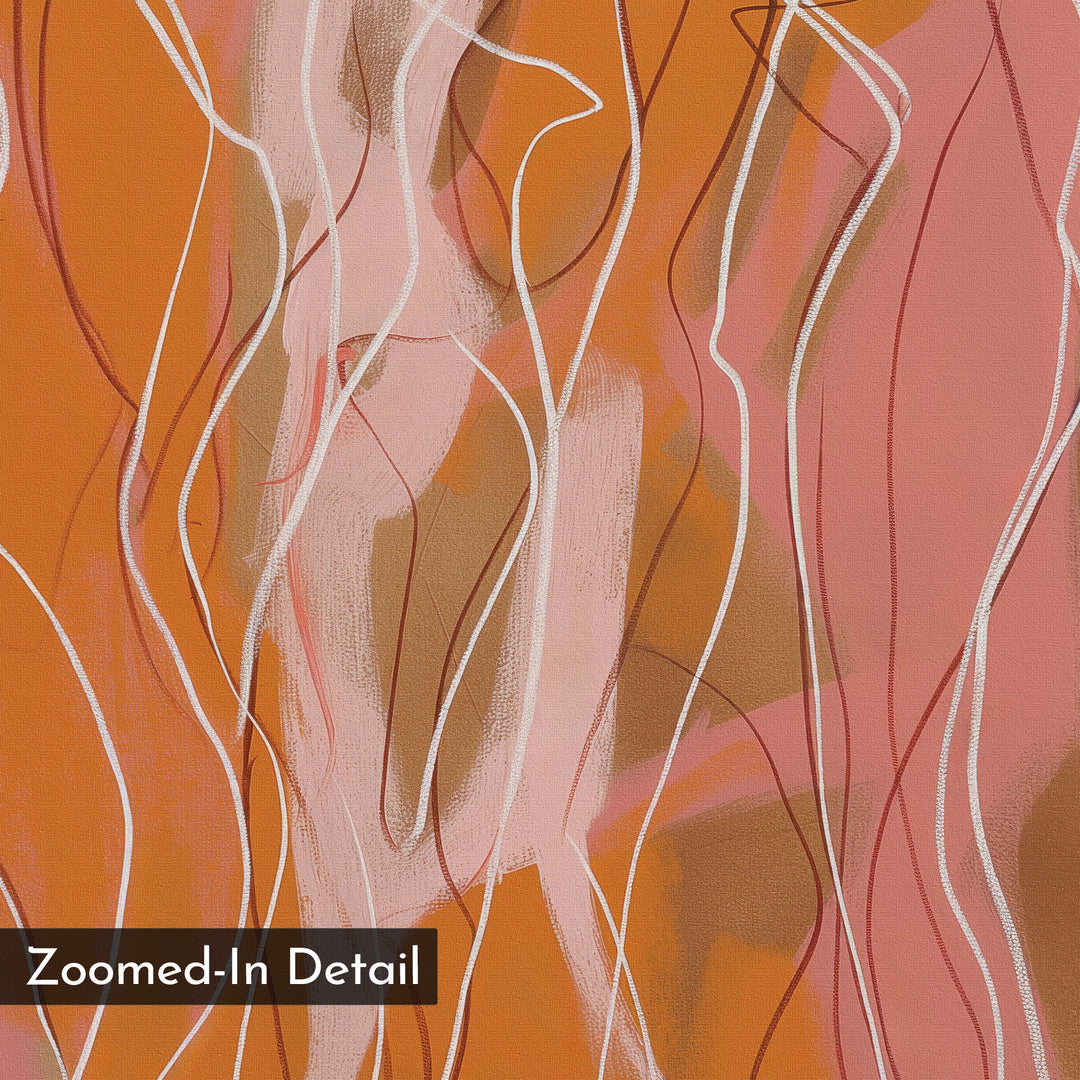 Dancing Silhouettes Abstract Canvas Art showcases wavy lines in pink, peach, brown, and white on an orange background. Vibrant wall art to enhance your living room decor. "Zoomed-In Detail" is displayed in the lower left corner.