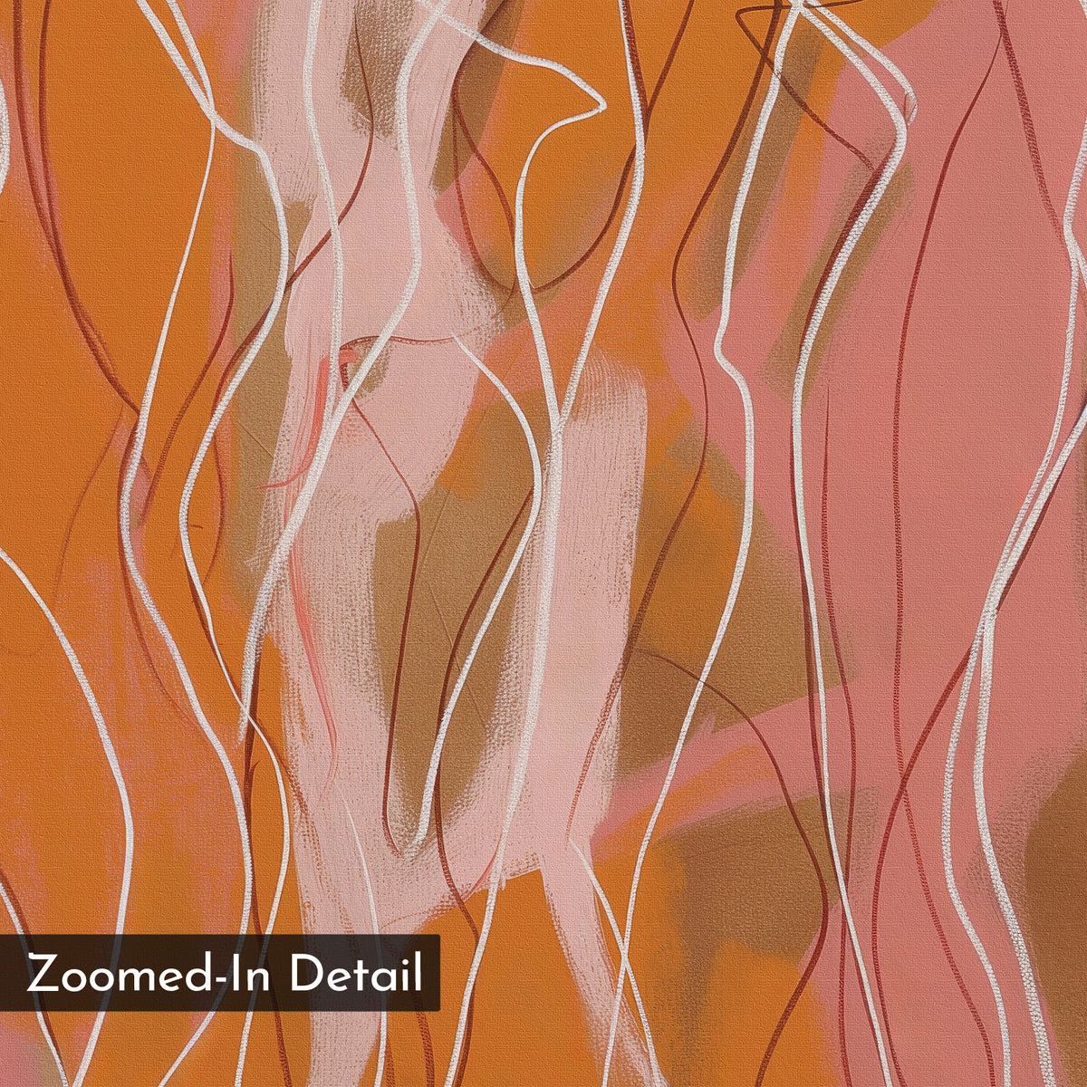 Dancing Silhouettes Abstract Canvas Art showcases wavy lines in pink, peach, brown, and white on an orange background. Vibrant wall art to enhance your living room decor. "Zoomed-In Detail" is displayed in the lower left corner.