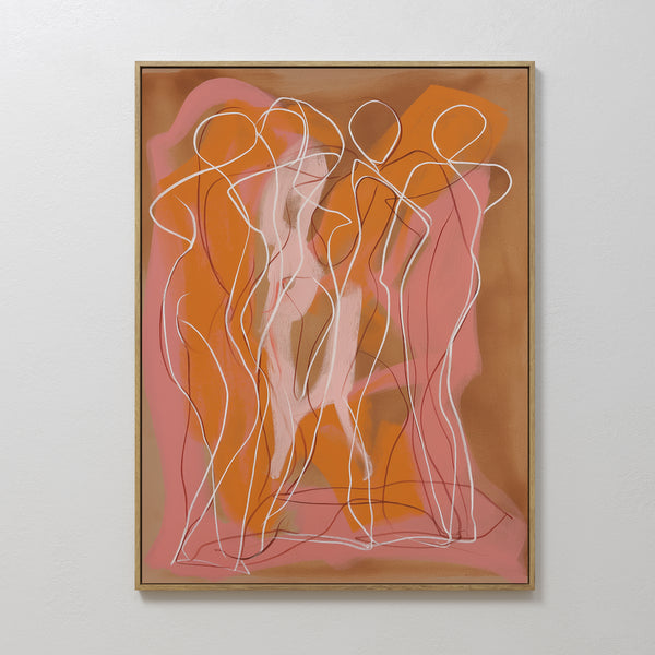 Dancing Silhouettes Abstract Canvas Art features four intertwined figures outlined in white, with pink, orange, and brown tones creating a warm vibe—ideal as modern wall art for stylish living room décor.