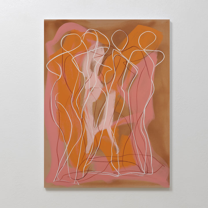 Dancing Silhouettes Abstract Canvas Art features minimalist line drawings of five human figures with pink and orange accents on a brown background—modern wall art that adds movement and connection to any living room decor.