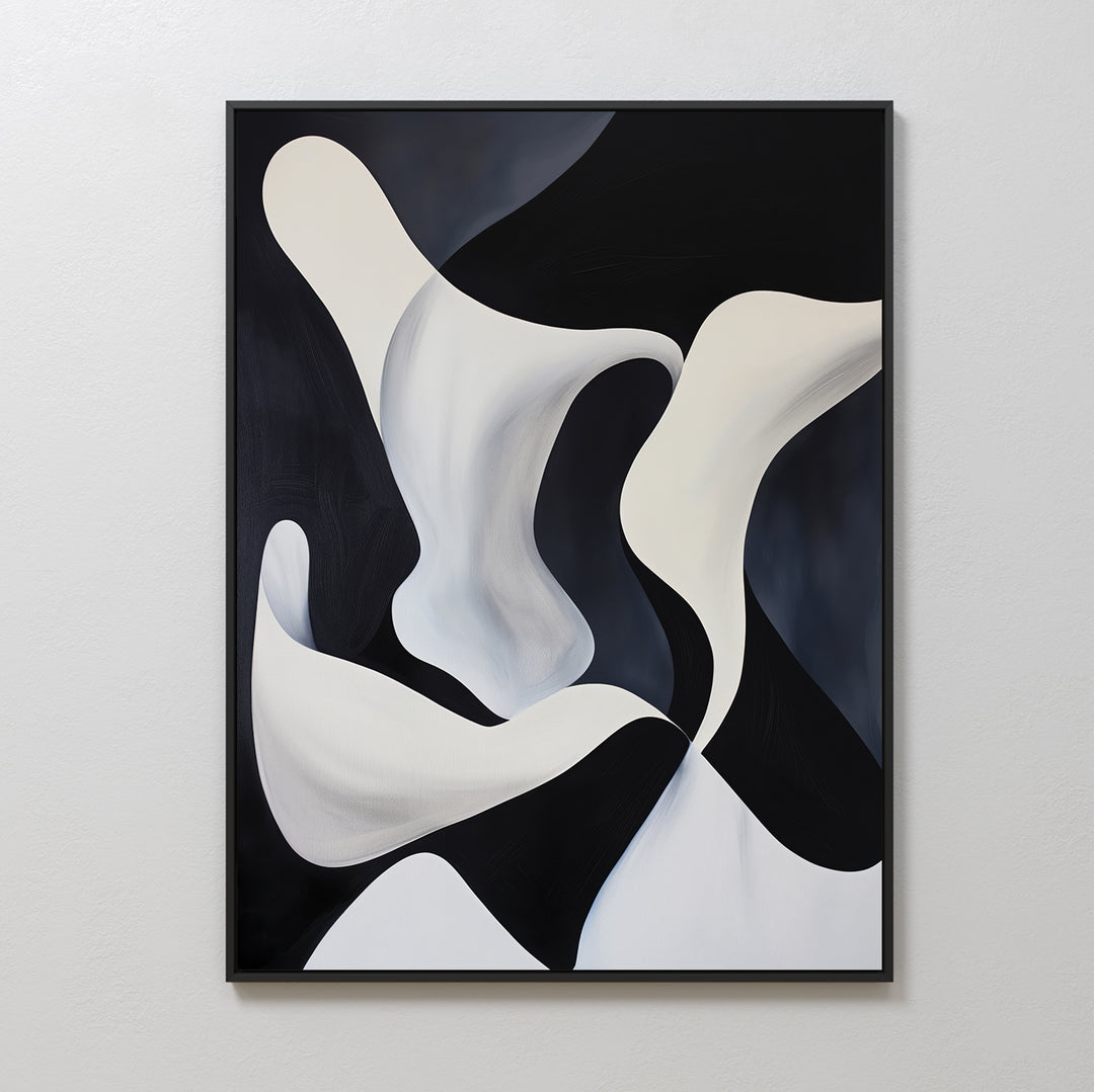 Deep Blue Calm Abstract Canvas Art features fluid, curved shapes in black and white, creating movement and contrast on a neutral background. This framed minimalist wall art is ideal for enhancing your living room decor.