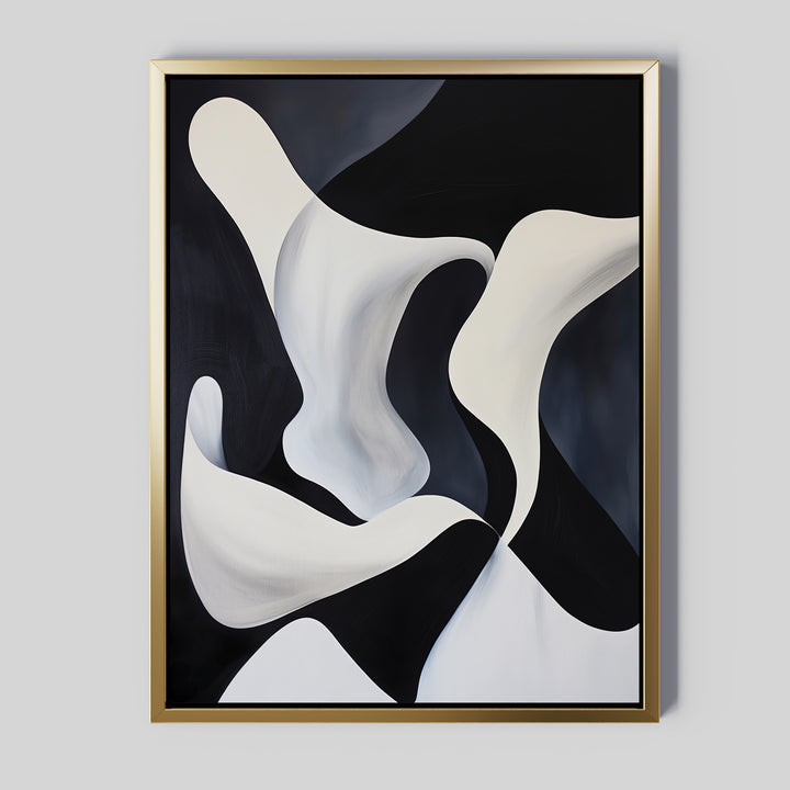 Deep Blue Calm Abstract Canvas Art in a gold frame features flowing black, white, and gray shapes with smooth curves and gradients—ideal minimalist wall art to add modern movement to your living room decor.