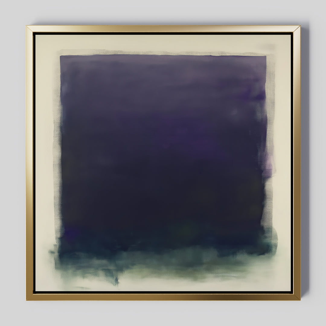 Deepest Night Canvas Art: A gold-framed abstract piece showcasing a dark purple square with blurred edges, fading into blue and green on an off-white background—ideal for minimalist decor.