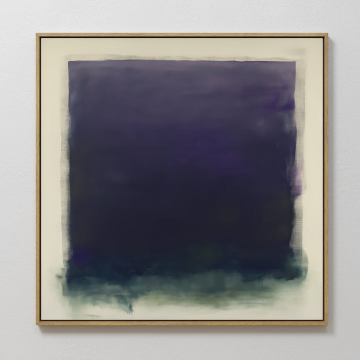 Deepest Night Canvas Art features a large, blurred dark indigo rectangle with soft edges and touches of green at the bottom, set on an off-white background in a slim light wood frame—ideal minimalist decor for any space.