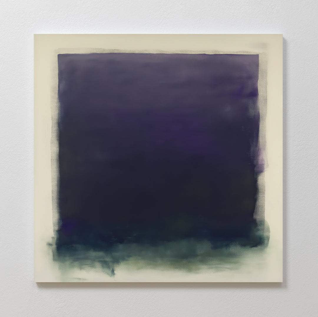 The Deepest Night Canvas Art showcases a large, blurred rectangle in deep purple and blue tones with soft edges that blend into a white background, fading to an almost black hue—perfect for adding minimalist style to your space.