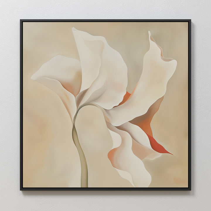Delicate Bloom Abstract Canvas Art features soft white petals with beige and orange accents on a light background, framed in black—ideal minimalist wall decor for a modern living room.